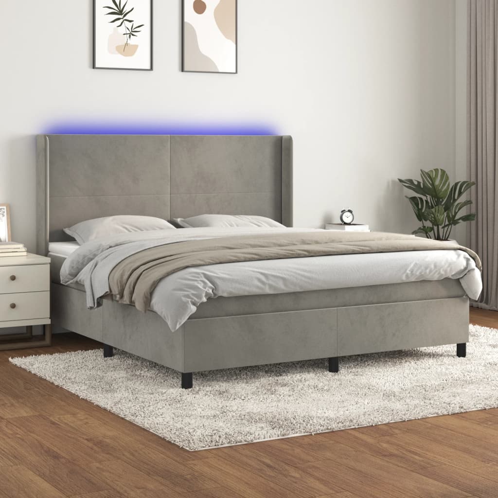 vidaXL Łóżko kontynentalne z materacem i LED, szare 180x200cm, aksamit