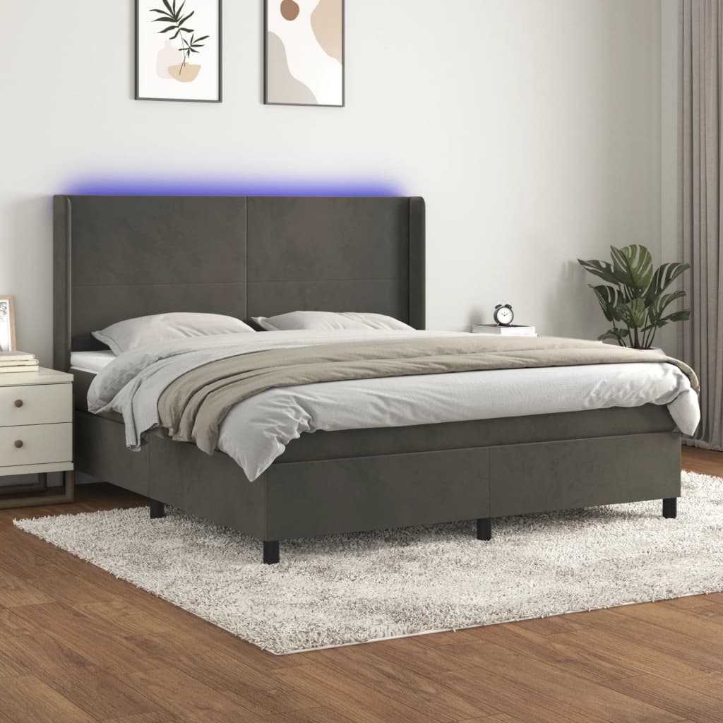 vidaXL Łóżko kontynentalne z materacem i LED, szary aksamit, 180x200cm