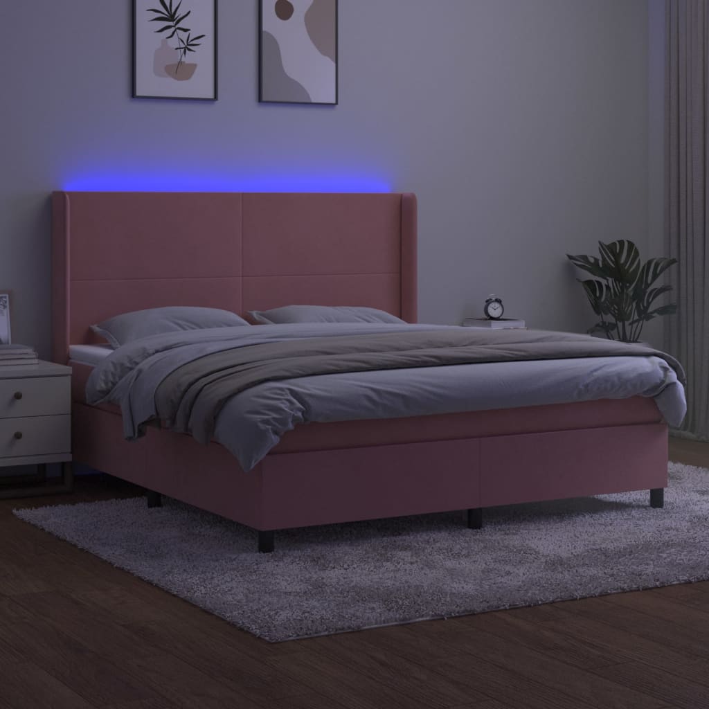 vidaXL Łóżko kontynentalne z materacem i LED, różowy aksamit 180x200cm