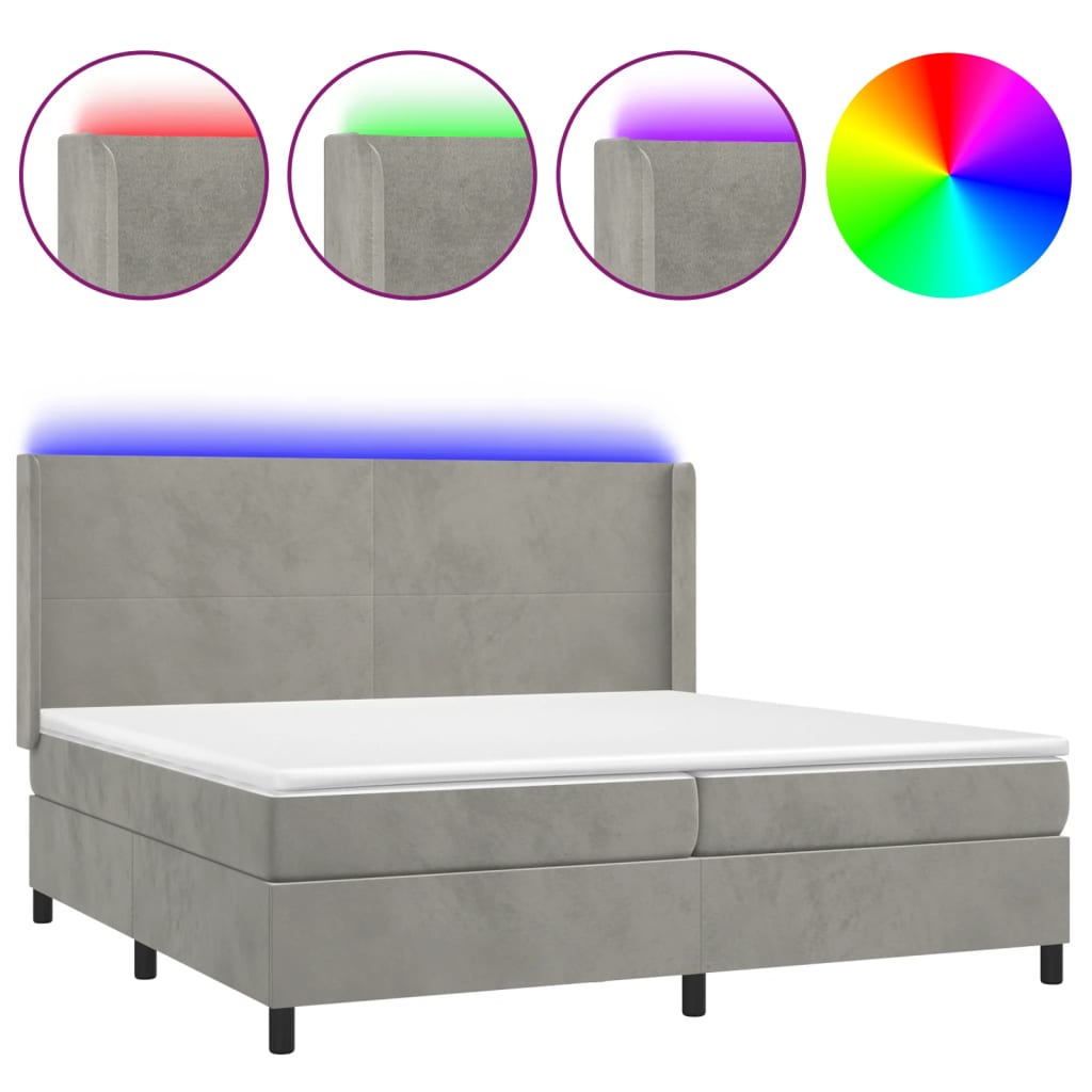 vidaXL Łóżko kontynentalne z materacem i LED, szare 200x200cm, aksamit