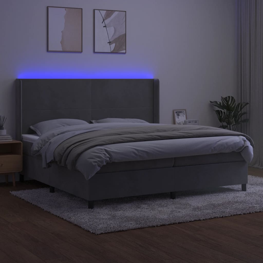 vidaXL Łóżko kontynentalne z materacem i LED, szare 200x200cm, aksamit