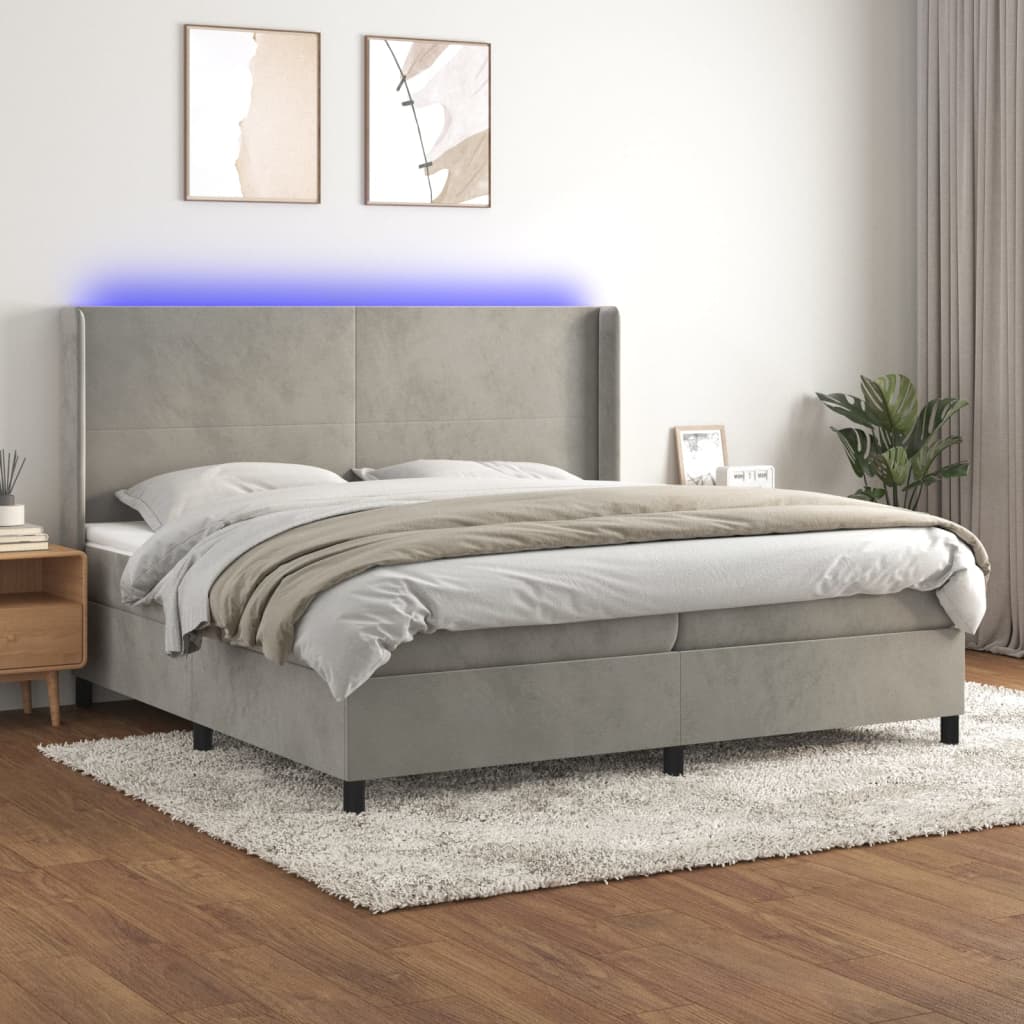 vidaXL Łóżko kontynentalne z materacem i LED, szare 200x200cm, aksamit