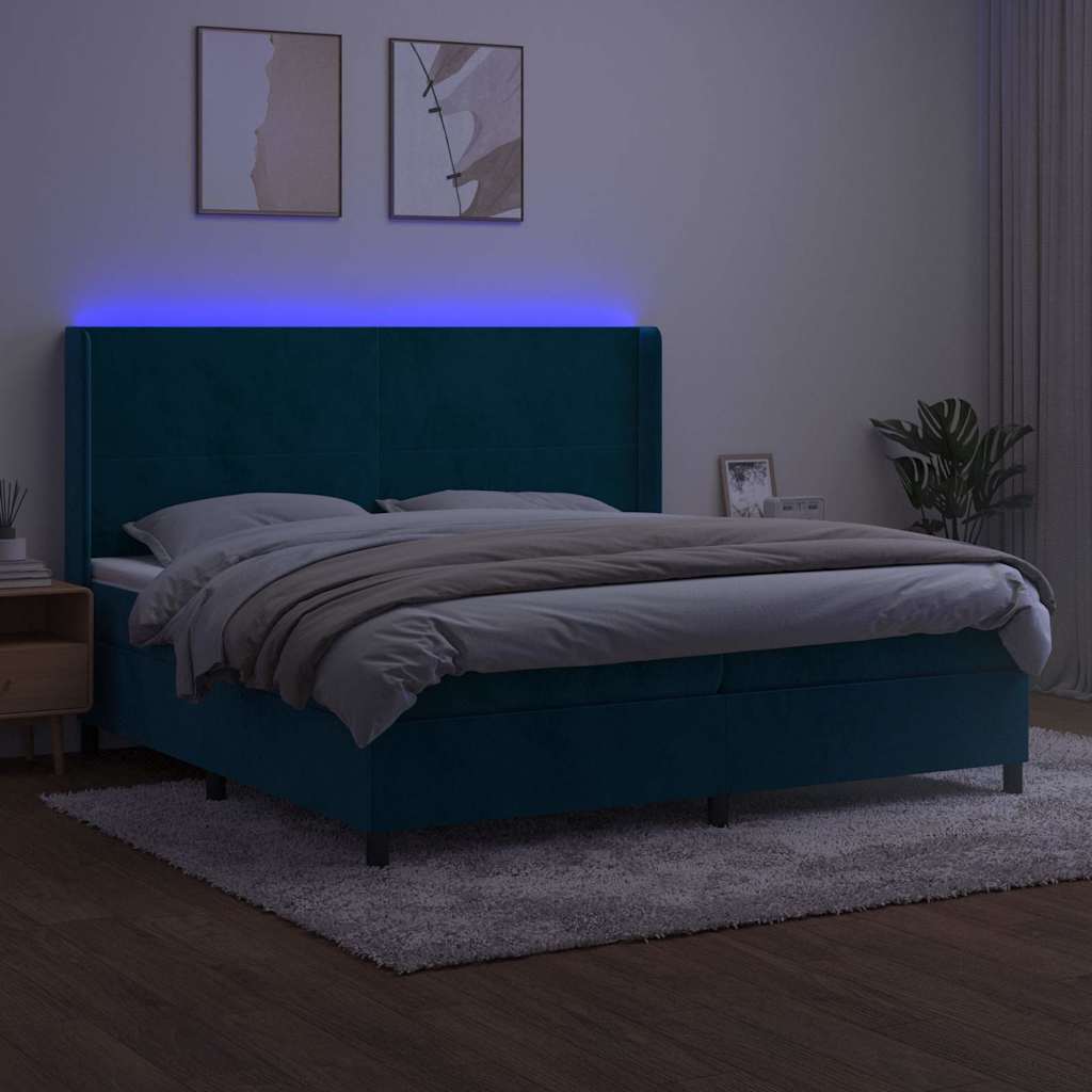 vidaXL Łóżko kontynentalne, materac i LED, niebieski aksamit 200x200cm