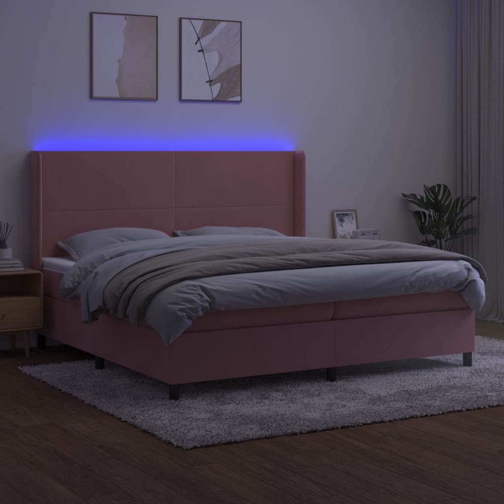 vidaXL Łóżko kontynentalne z materacem i LED, różowy aksamit 200x200cm