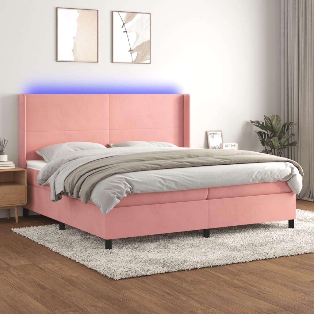 vidaXL Łóżko kontynentalne z materacem i LED, różowy aksamit 200x200cm