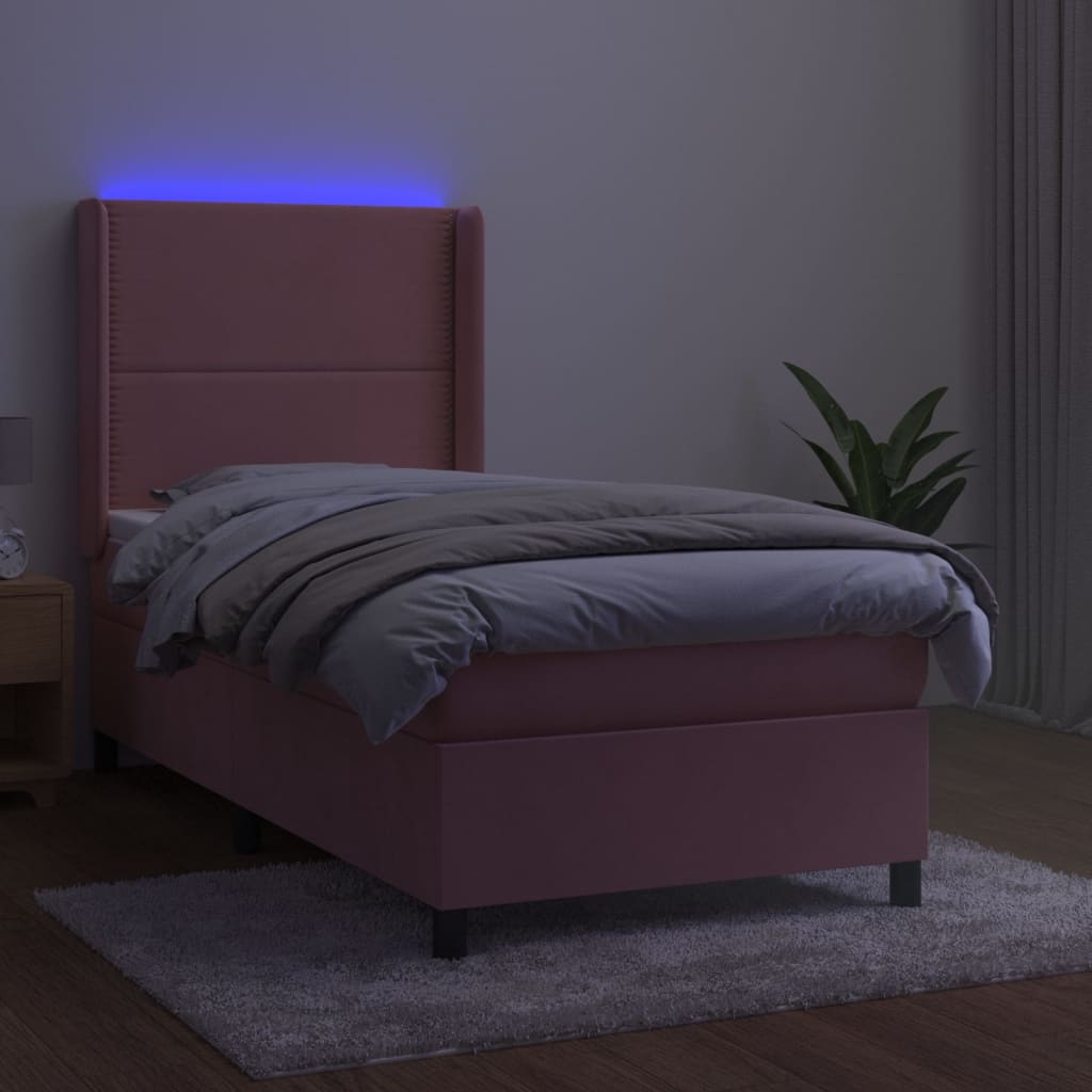 vidaXL Łóżko kontynentalne z materacem i LED, różowy aksamit 80x200 cm