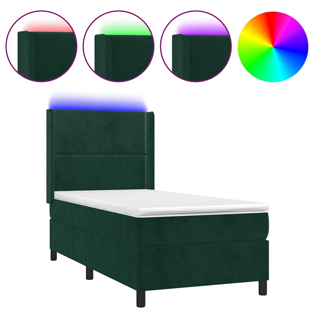 vidaXL Łóżko kontynentalne z materacem i LED zielony aksamit 90x190 cm