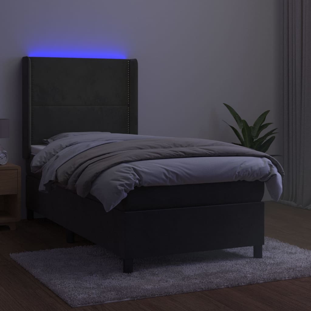 vidaXL Łóżko kontynentalne z materacem i LED, szary aksamit, 90x200 cm