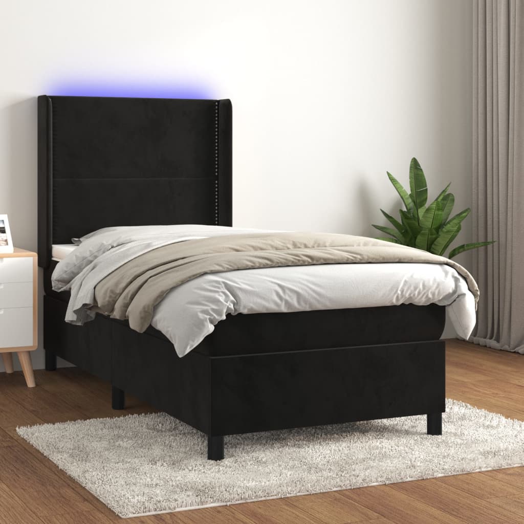 vidaXL Łóżko kontynentalne z materacem i LED, czarny aksamit 90x200 cm