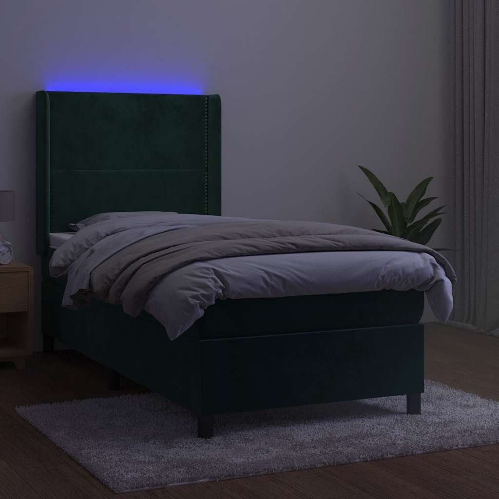 vidaXL Łóżko kontynentalne z materacem i LED zielony aksamit 90x200 cm