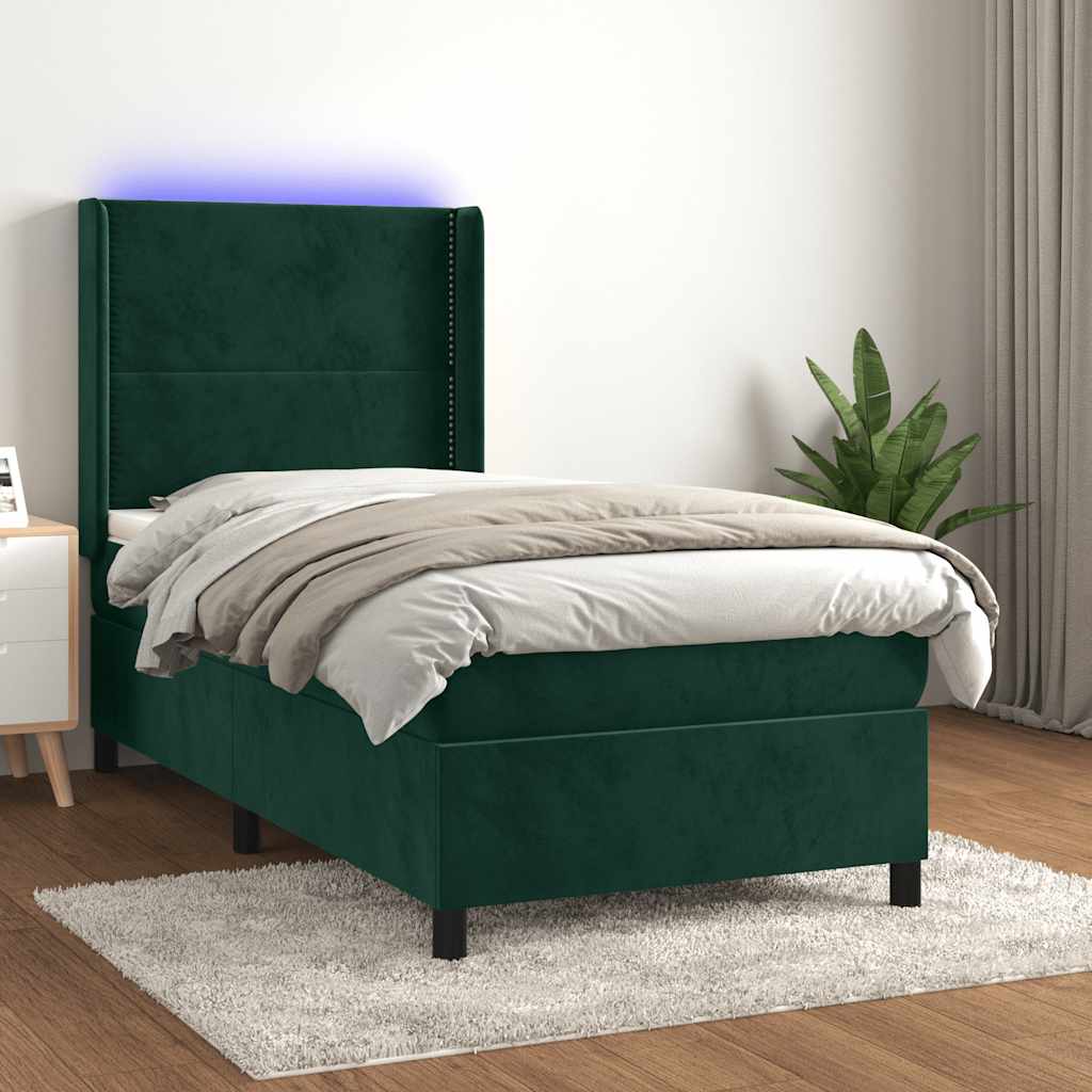 vidaXL Łóżko kontynentalne z materacem i LED zielony aksamit 90x200 cm