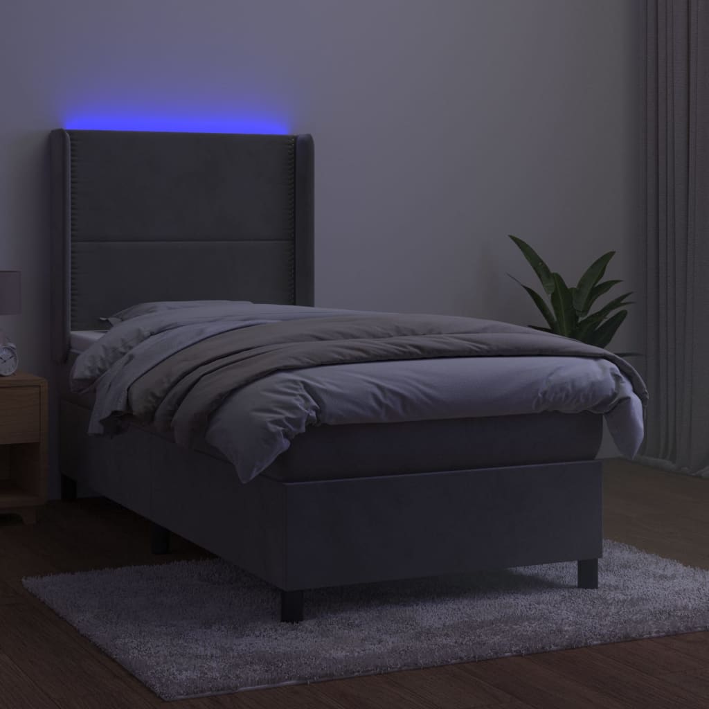 vidaXL Łóżko kontynentalne z materacem i LED, szare 100x200cm, aksamit