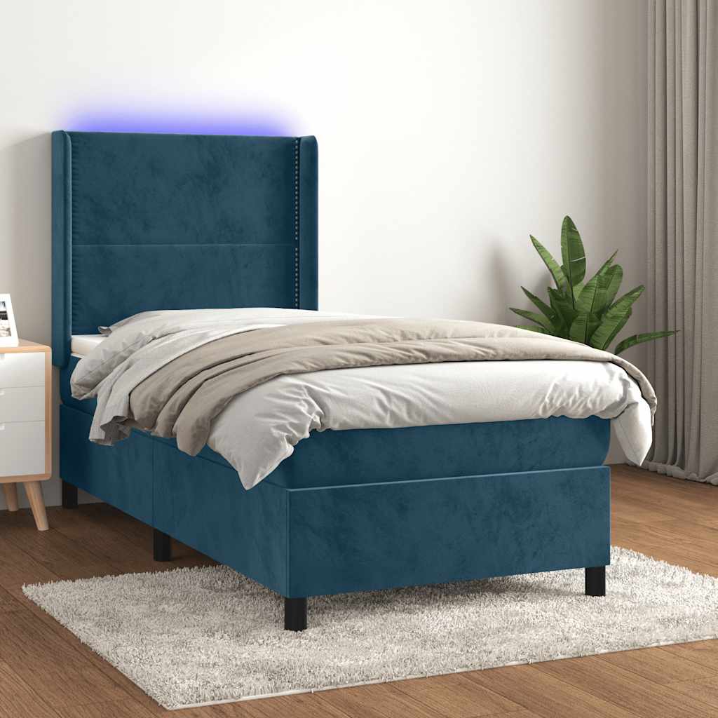 vidaXL Łóżko kontynentalne, materac i LED, niebieski aksamit 100x200cm
