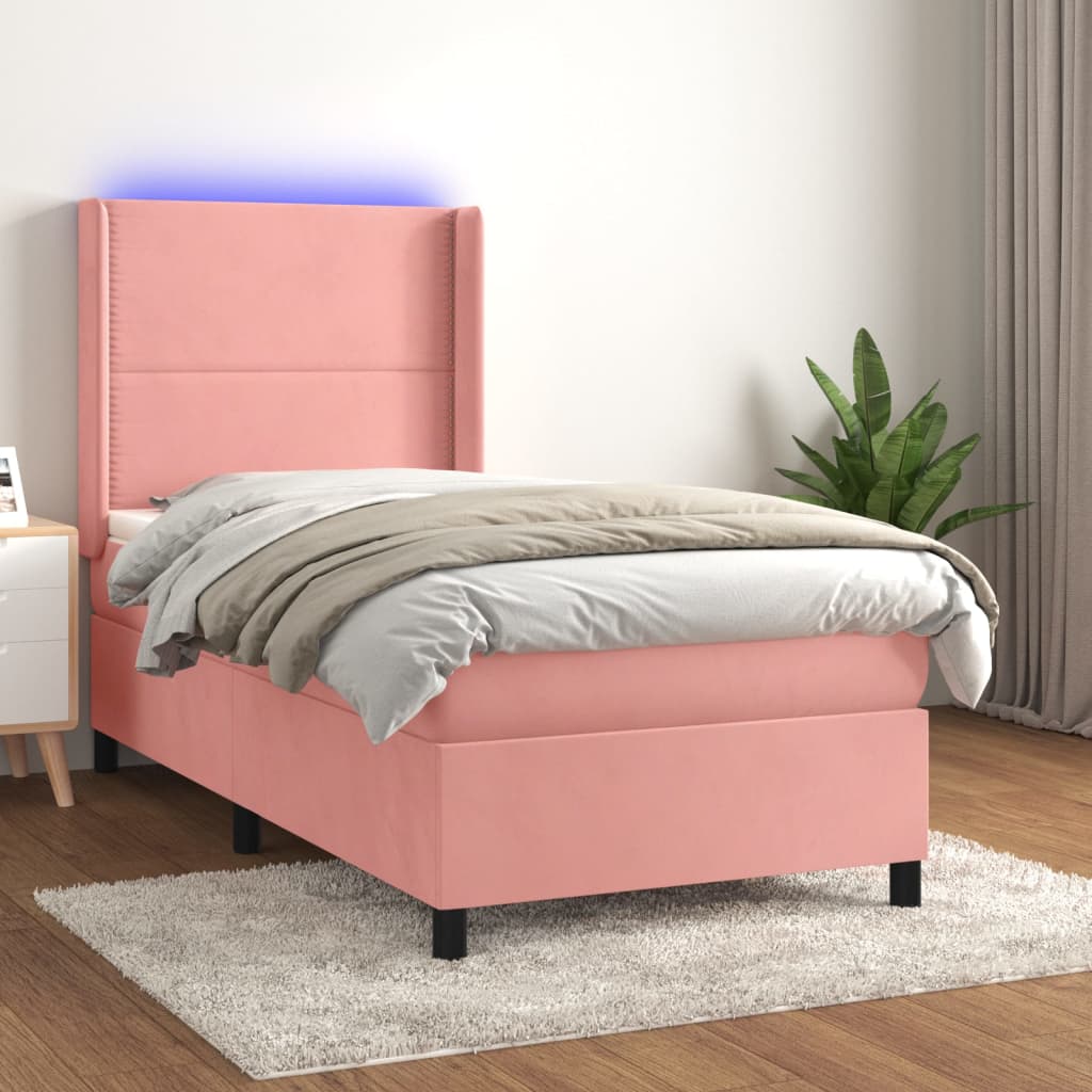 vidaXL Łóżko kontynentalne z materacem i LED, różowy aksamit 100x200cm
