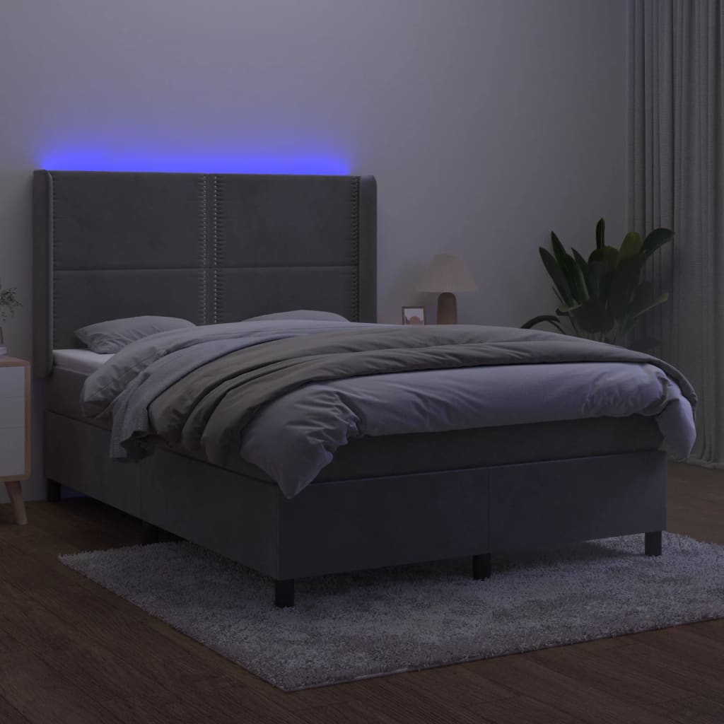vidaXL Łóżko kontynentalne z materacem i LED, szare 140x200cm, aksamit