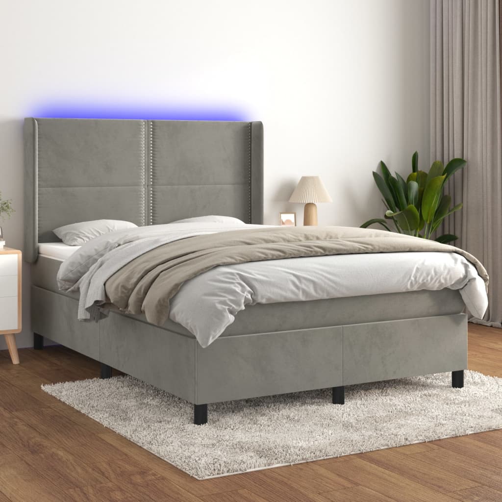 vidaXL Łóżko kontynentalne z materacem i LED, szare 140x200cm, aksamit
