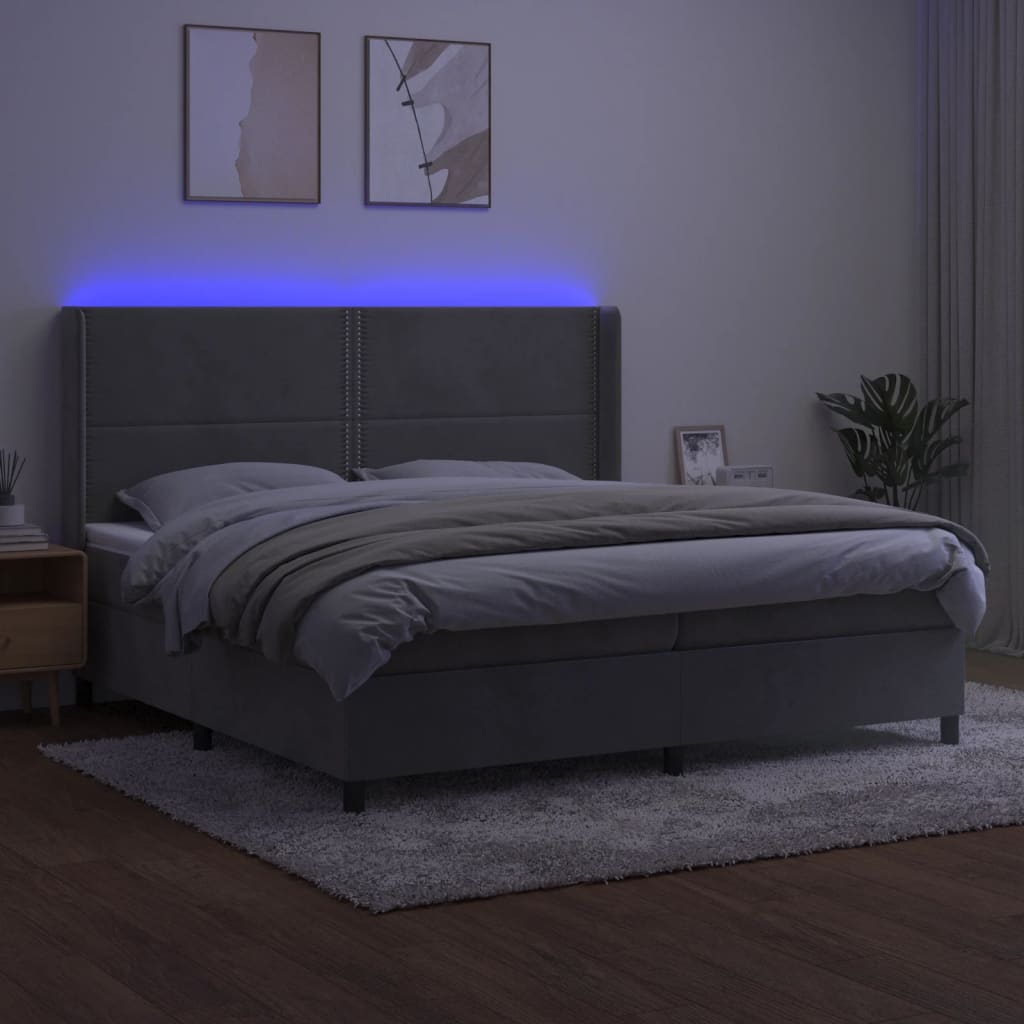 vidaXL Łóżko kontynentalne z materacem i LED, szare 200x200cm, aksamit