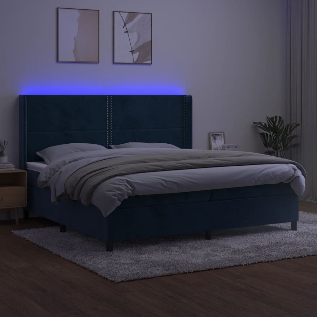 vidaXL Łóżko kontynentalne, materac i LED, niebieski aksamit 200x200cm