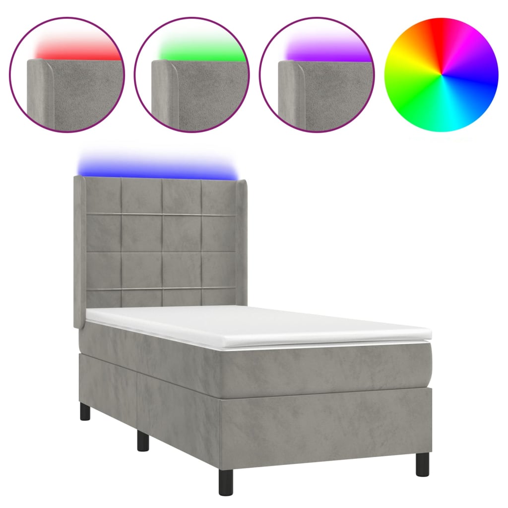 vidaXL Łóżko kontynentalne z materacem i LED, szare 90x190 cm, aksamit