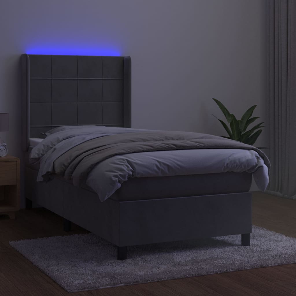 vidaXL Łóżko kontynentalne z materacem i LED, szare 90x190 cm, aksamit