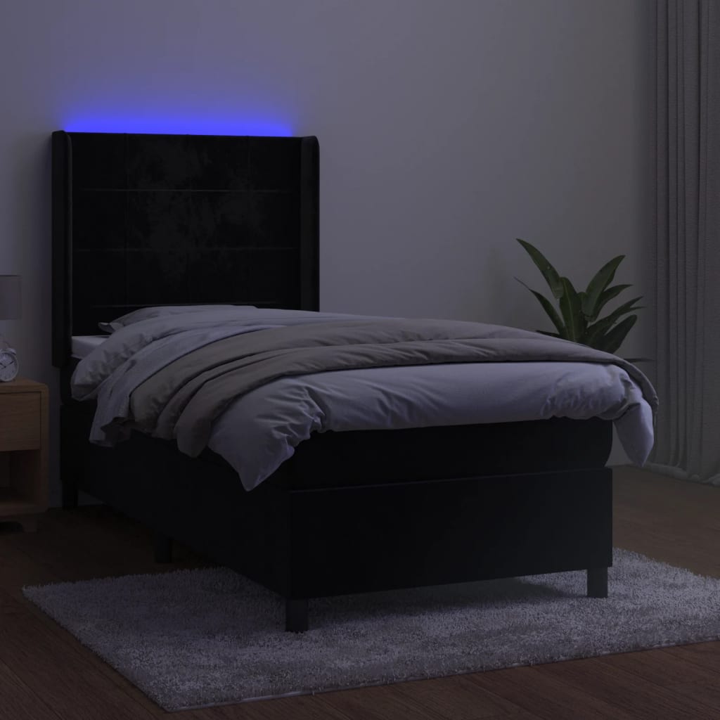 vidaXL Łóżko kontynentalne z materacem i LED, czarny aksamit 90x190 cm