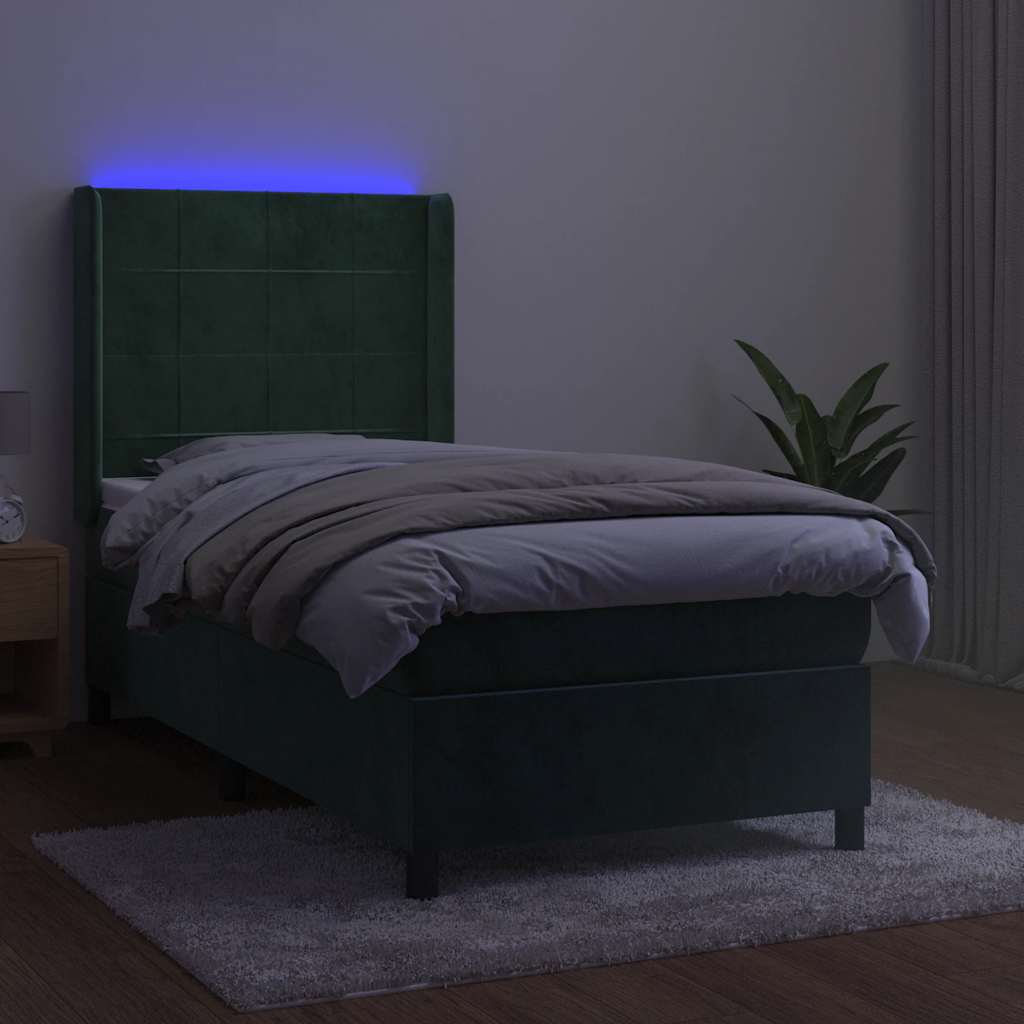 vidaXL Łóżko kontynentalne z materacem i LED zielony aksamit 90x190 cm