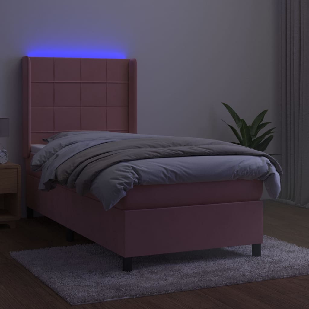 vidaXL Łóżko kontynentalne z materacem i LED, różowy aksamit 90x190 cm