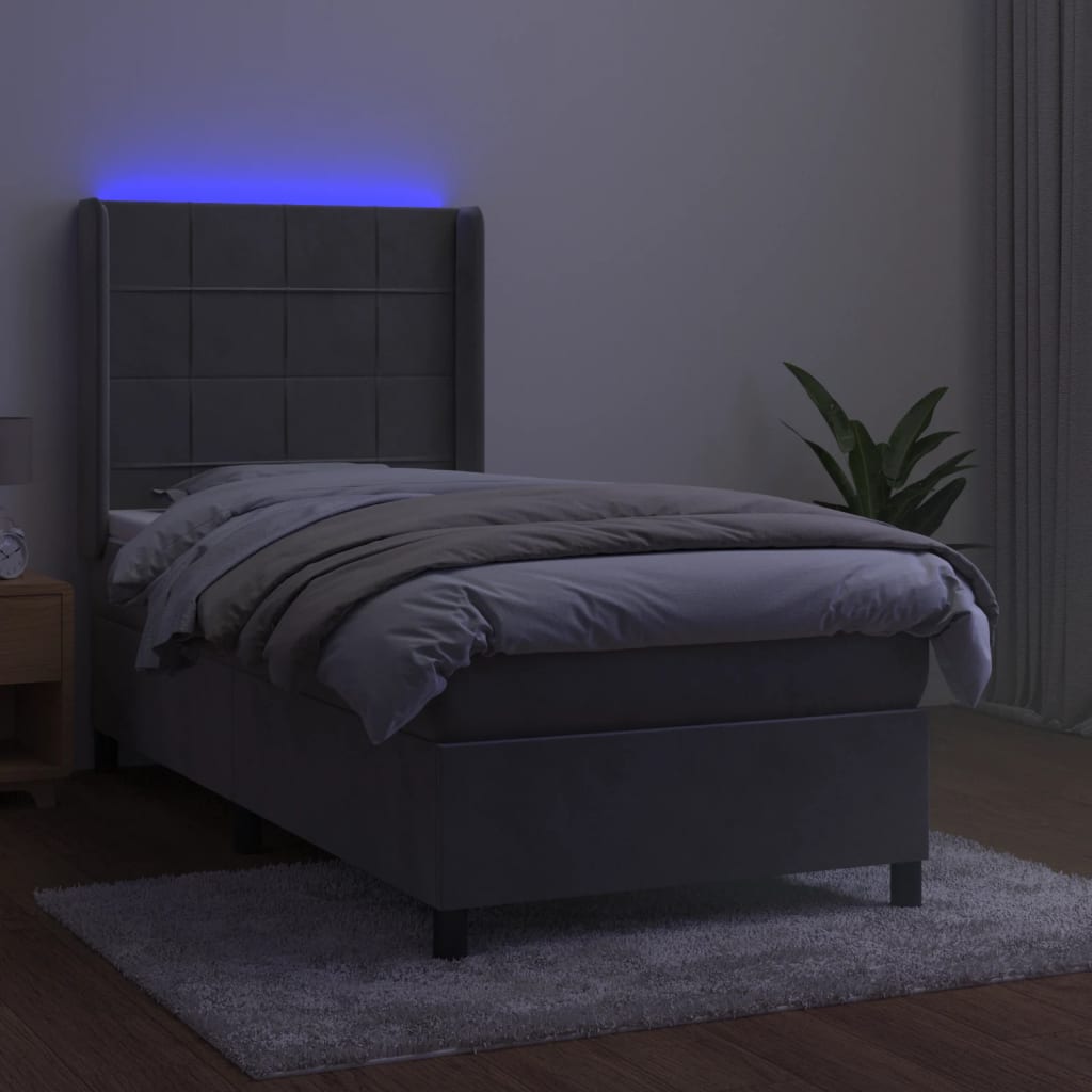 vidaXL Łóżko kontynentalne z materacem i LED, szare 90x200 cm, aksamit