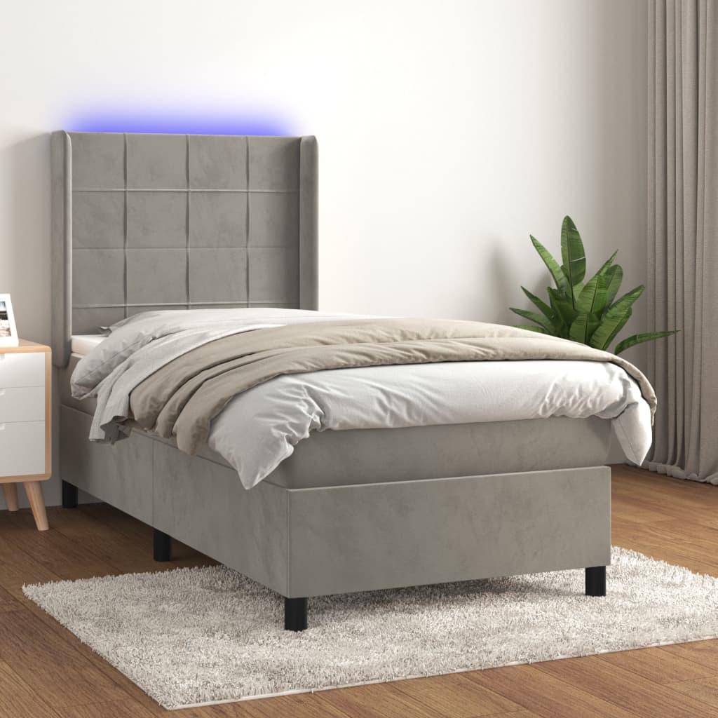 vidaXL Łóżko kontynentalne z materacem i LED, szare 90x200 cm, aksamit