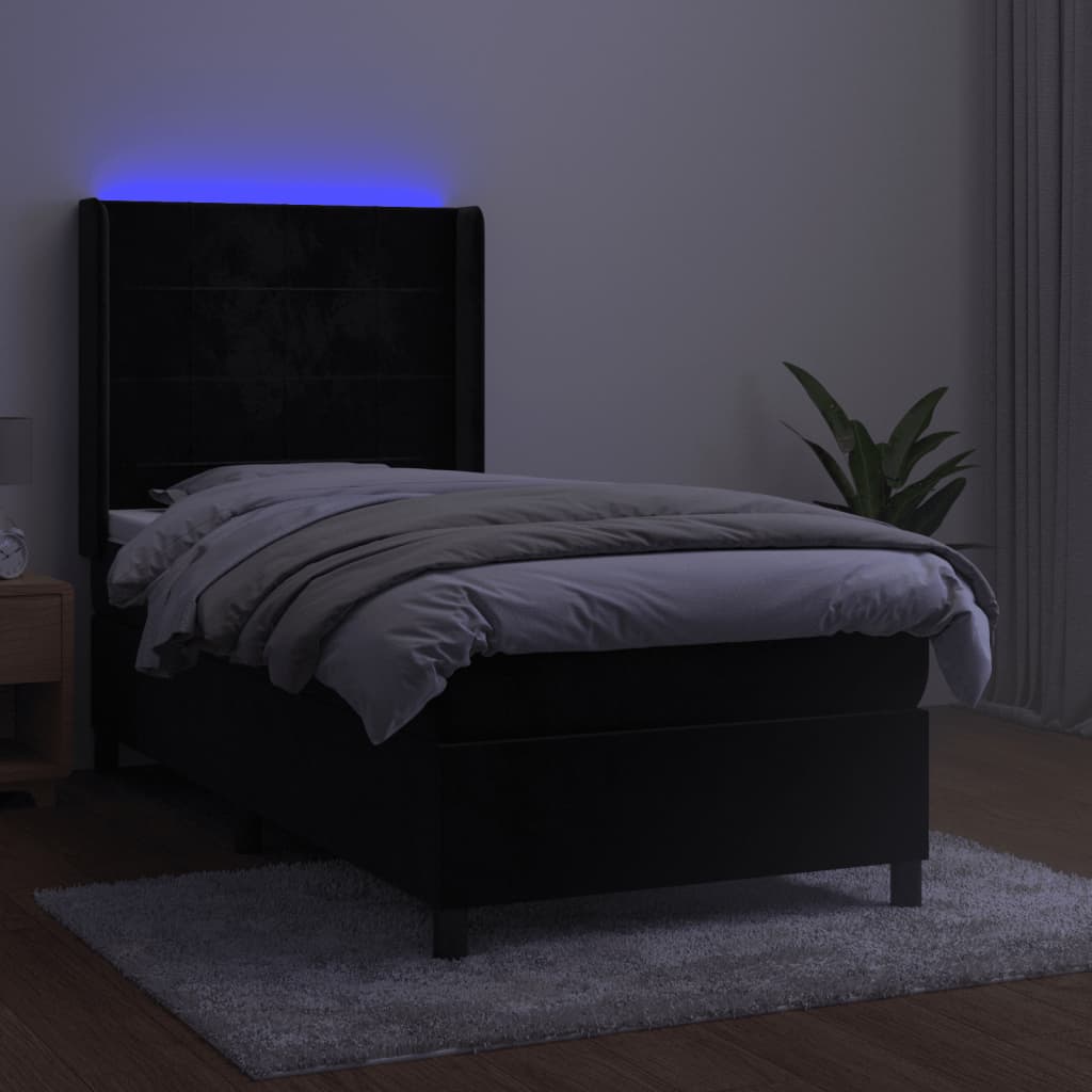 vidaXL Łóżko kontynentalne z materacem i LED, czarny aksamit 90x200 cm