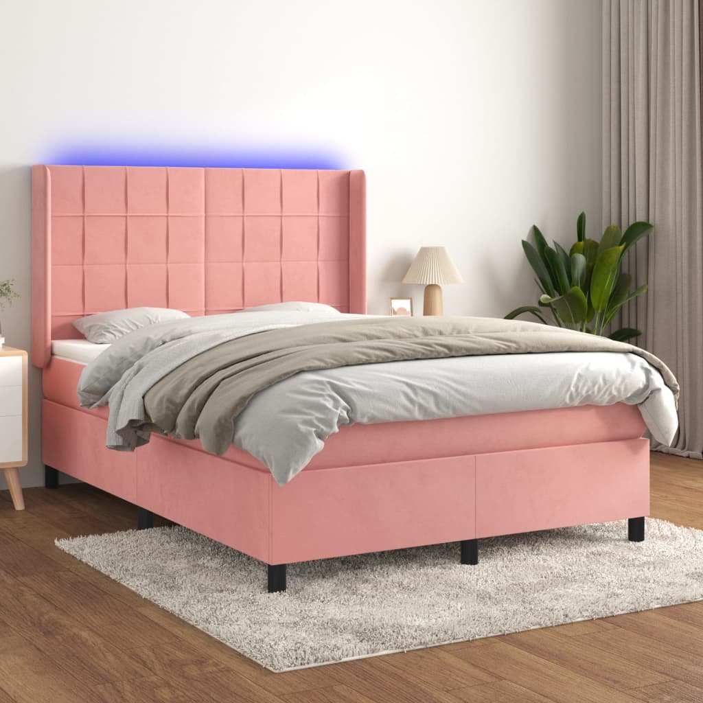 vidaXL Łóżko kontynentalne z materacem i LED, różowy aksamit 140x190cm