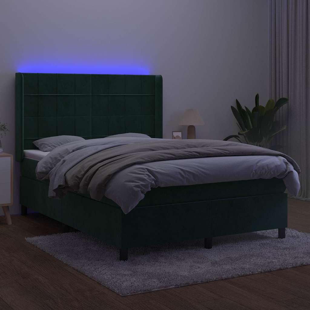 vidaXL Łóżko kontynentalne z materacem i LED zielony aksamit 140x200cm