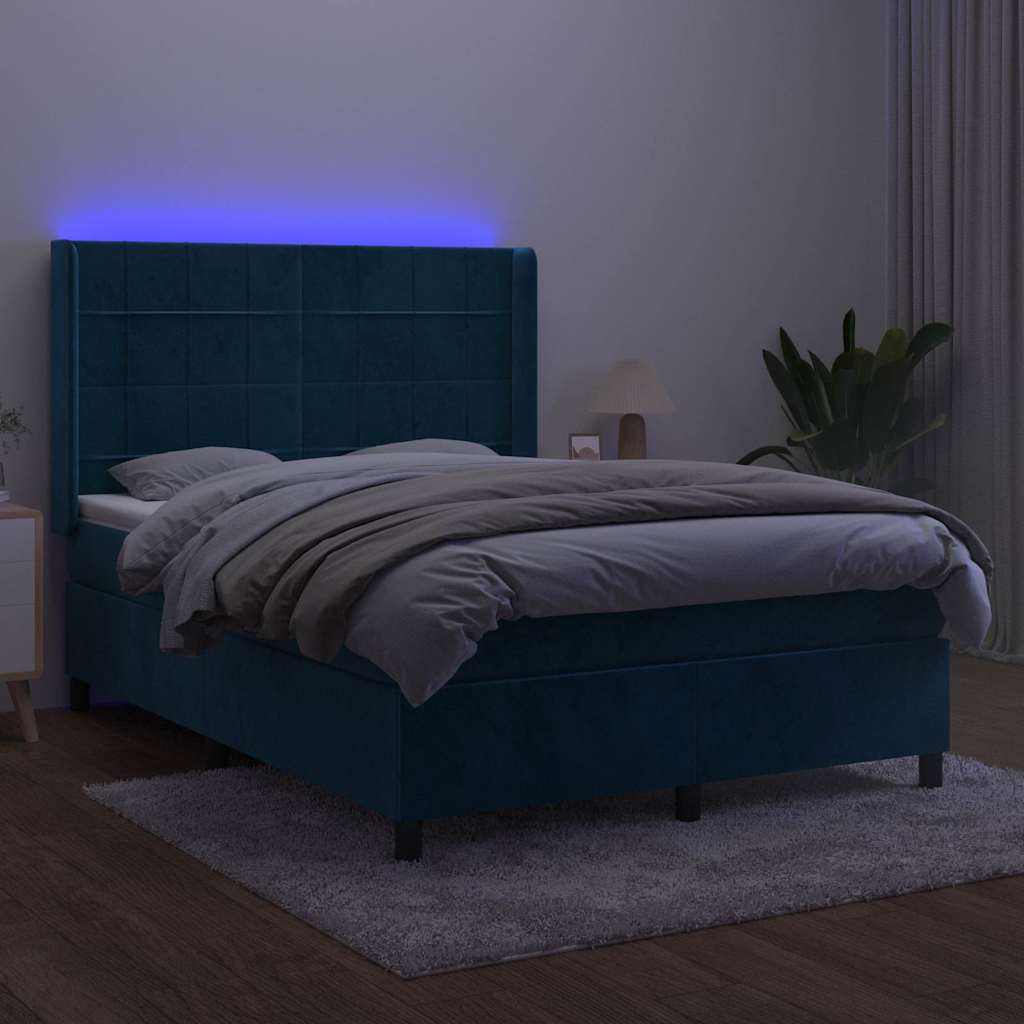 vidaXL Łóżko kontynentalne, materac i LED, niebieski aksamit 140x200cm