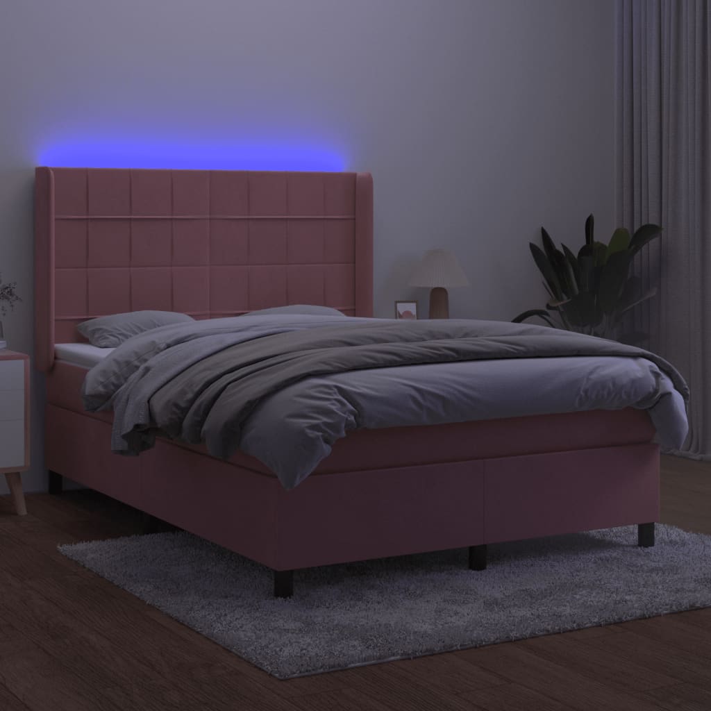 vidaXL Łóżko kontynentalne z materacem i LED, różowy aksamit 140x200cm