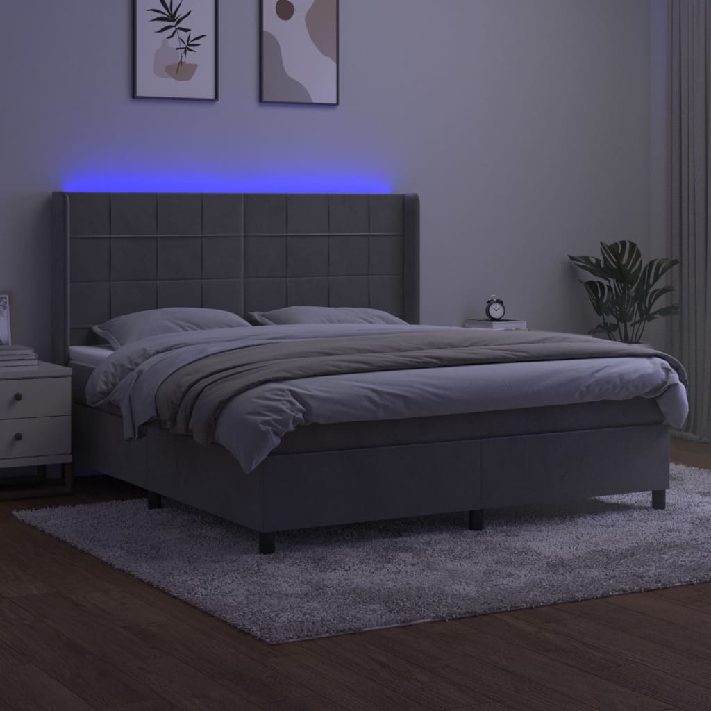vidaXL Łóżko kontynentalne z materacem i LED, szare 160x200cm, aksamit