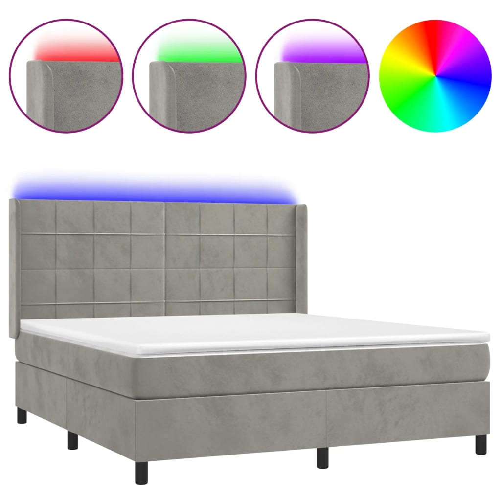 vidaXL Łóżko kontynentalne z materacem i LED, szare 180x200cm, aksamit
