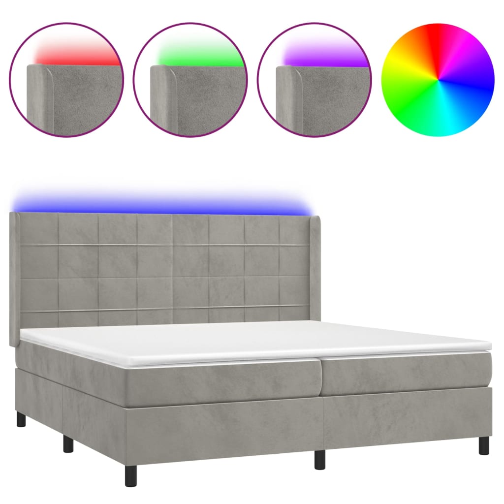vidaXL Łóżko kontynentalne z materacem i LED, szare 200x200cm, aksamit