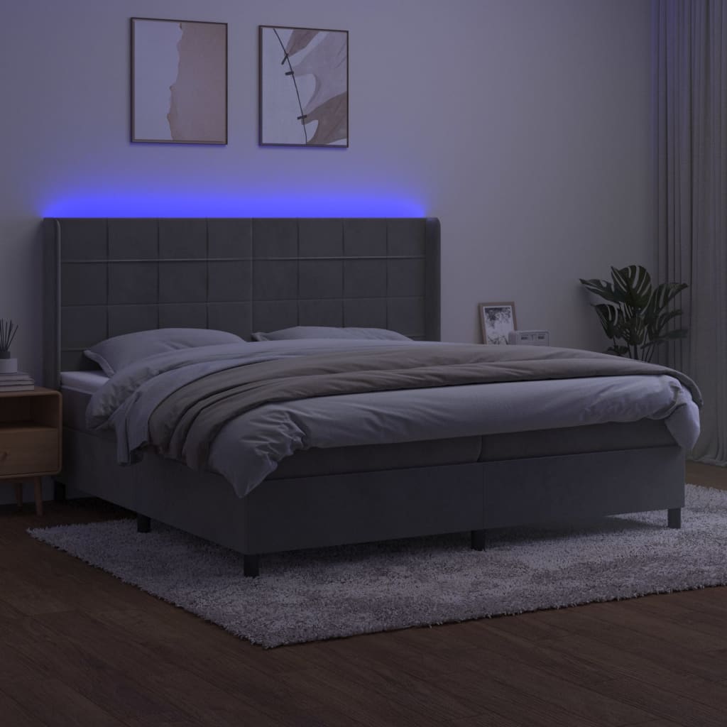 vidaXL Łóżko kontynentalne z materacem i LED, szare 200x200cm, aksamit