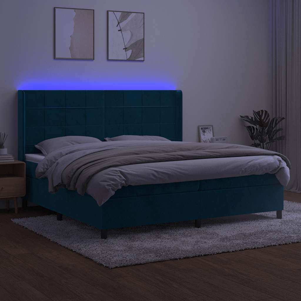 vidaXL Łóżko kontynentalne, materac i LED, niebieski aksamit 200x200cm