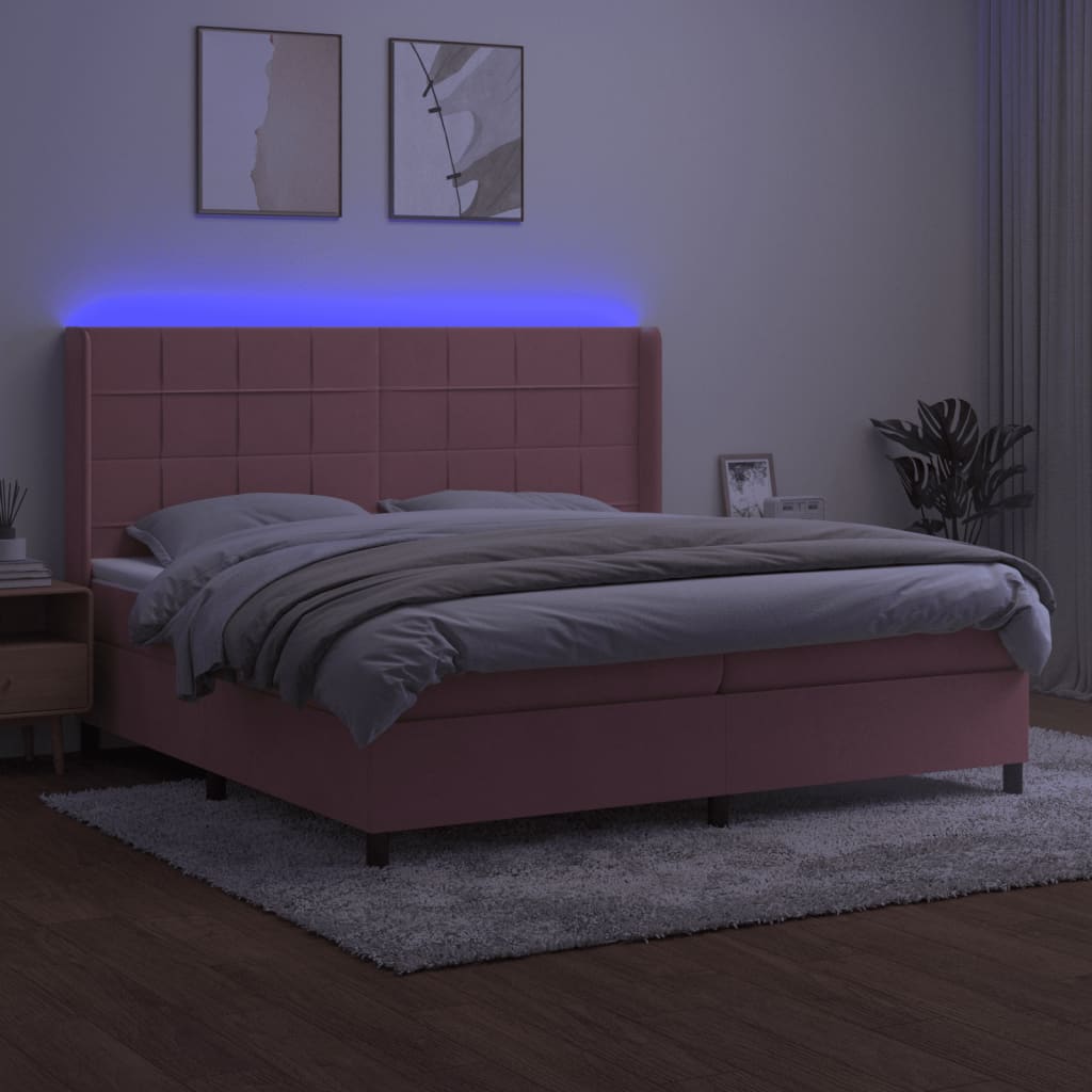 vidaXL Łóżko kontynentalne z materacem i LED, różowy aksamit 200x200cm