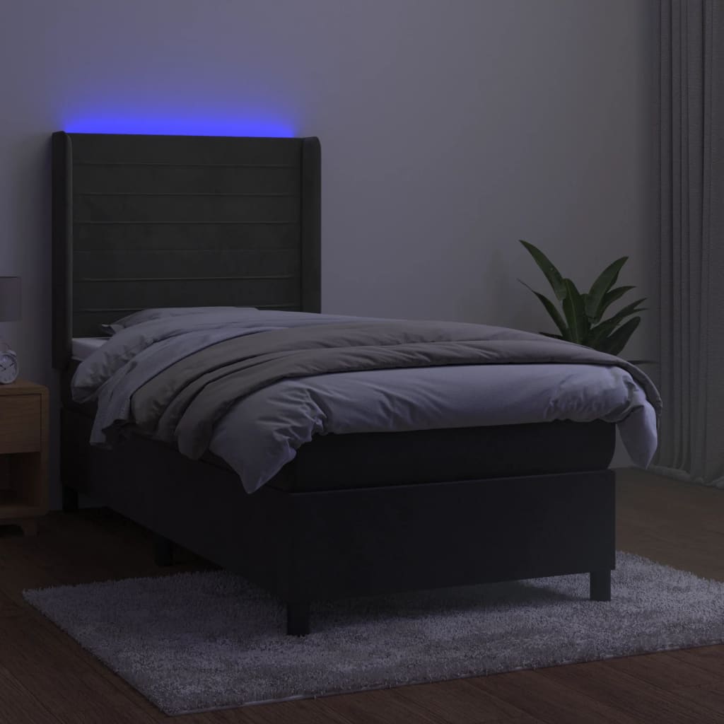 vidaXL Łóżko kontynentalne z materacem i LED, szary aksamit, 90x190 cm