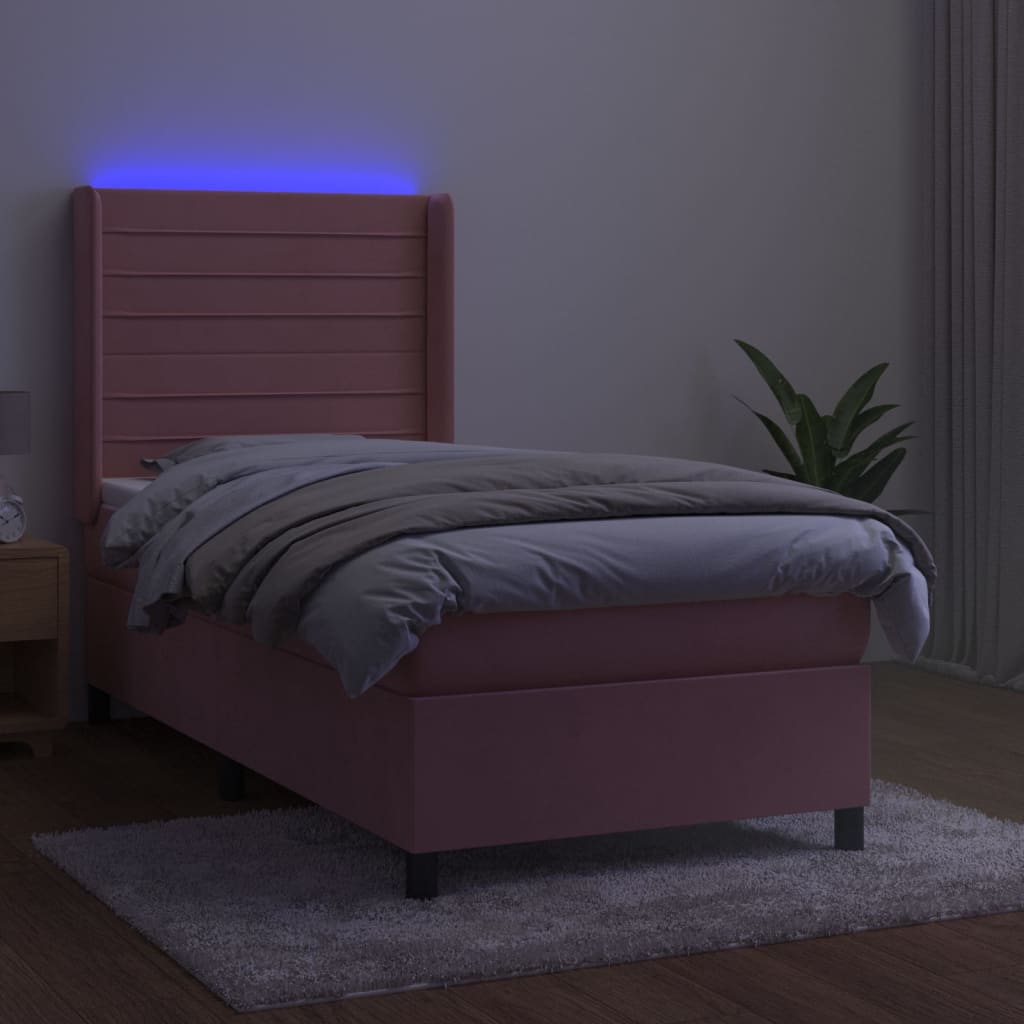 vidaXL Łóżko kontynentalne z materacem i LED, różowy aksamit 90x190 cm