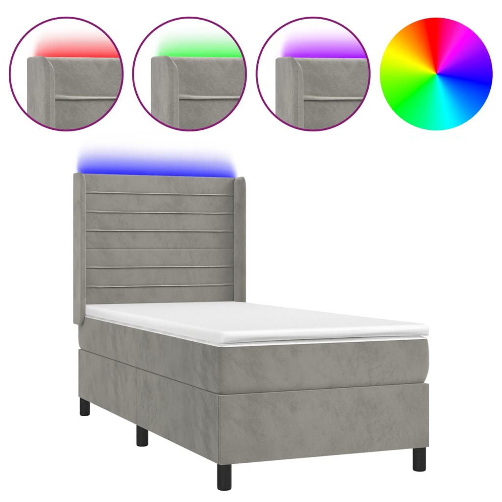 vidaXL Łóżko kontynentalne z materacem i LED, szare 90x200 cm, aksamit