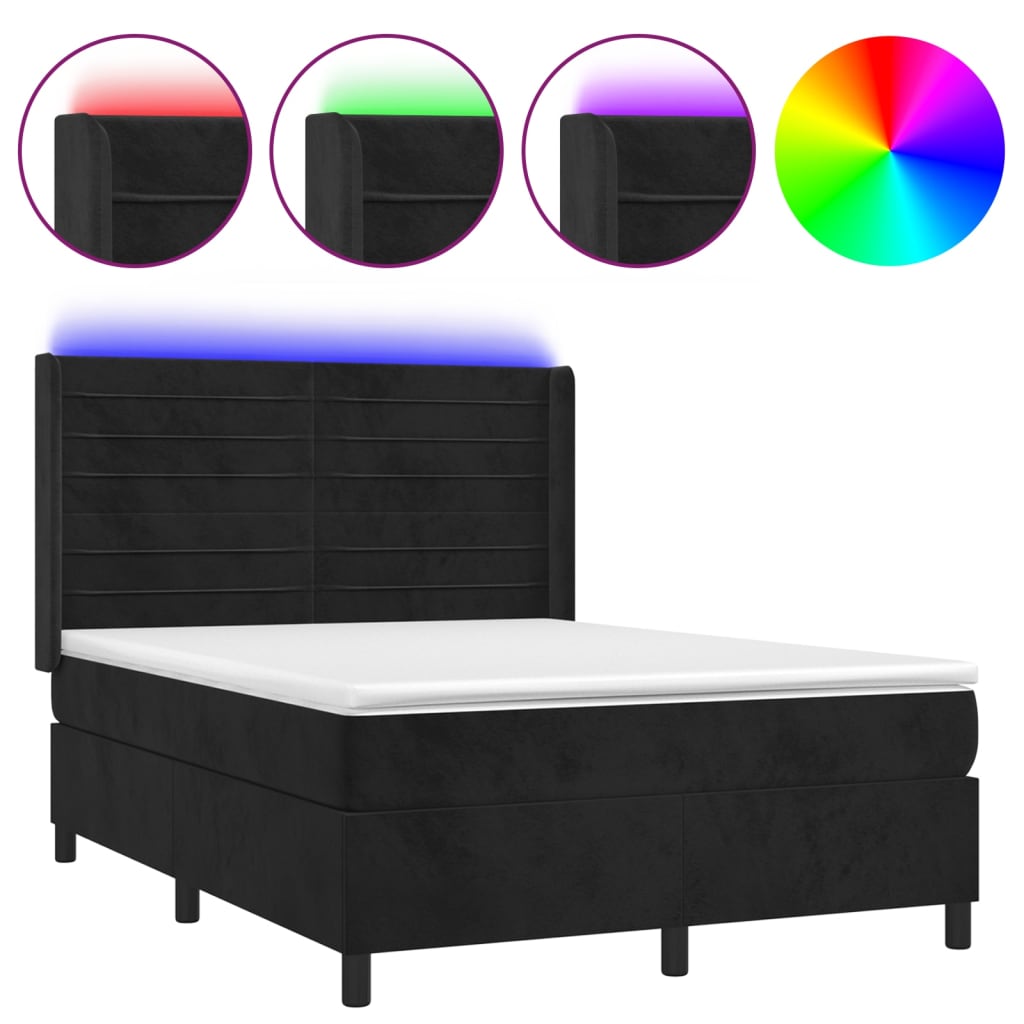 vidaXL Łóżko kontynentalne z materacem i LED, czarny aksamit 140x190cm