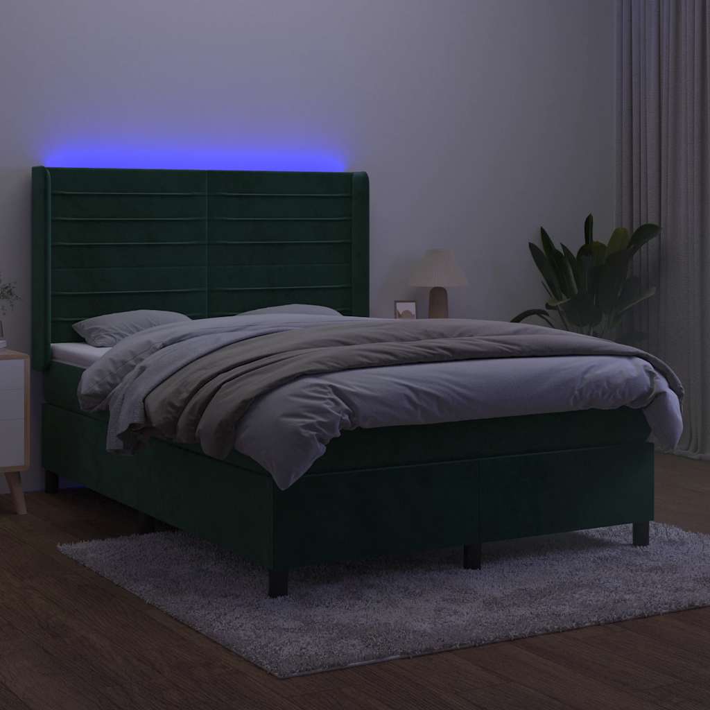 vidaXL Łóżko kontynentalne z materacem i LED zielony aksamit 140x190cm