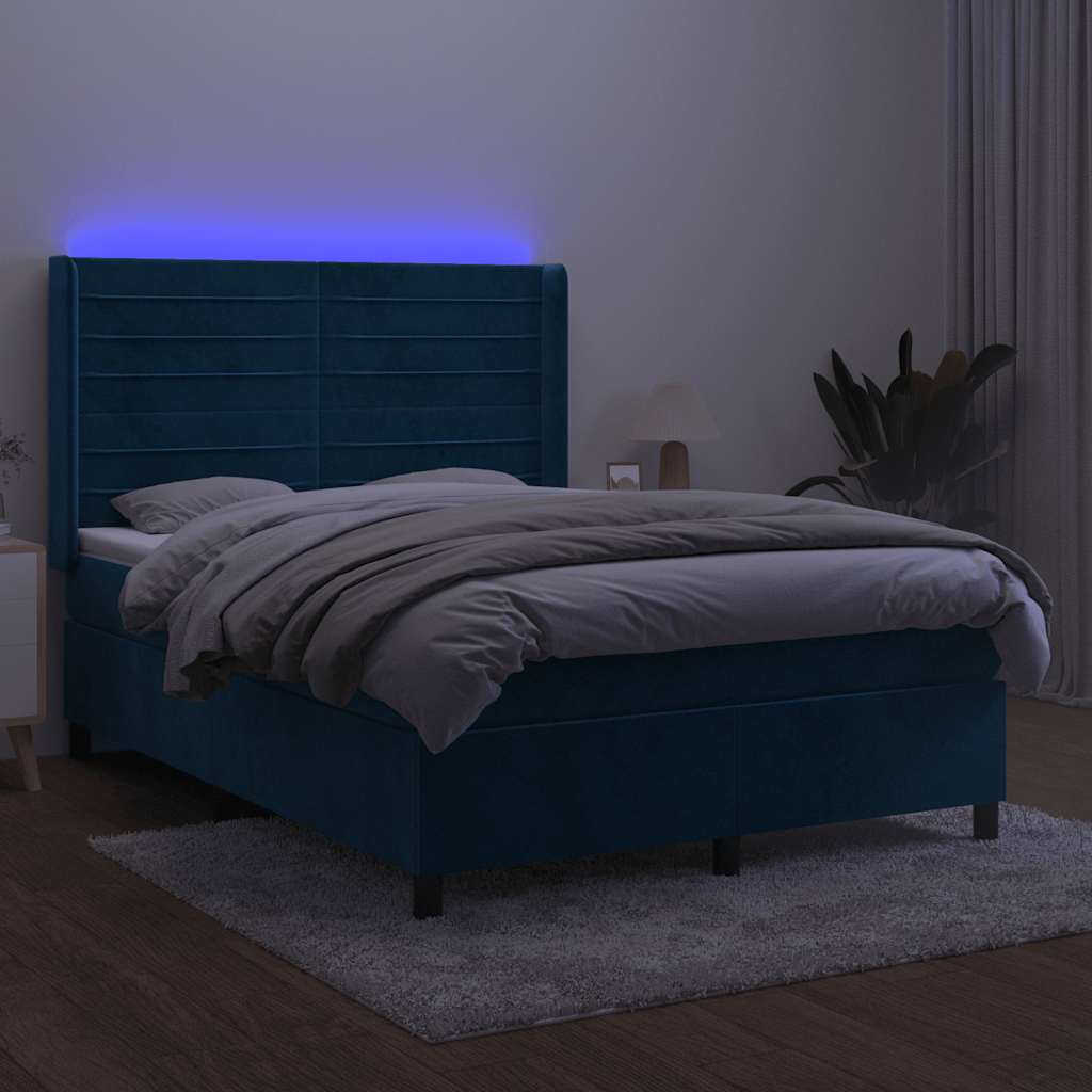 vidaXL Łóżko kontynentalne, materac i LED, niebieski aksamit 140x190cm