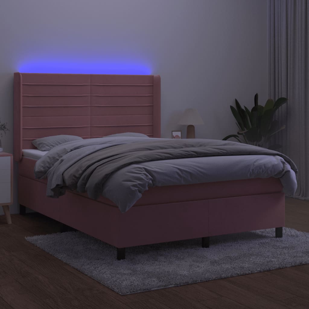 vidaXL Łóżko kontynentalne z materacem i LED, różowy aksamit 140x190cm