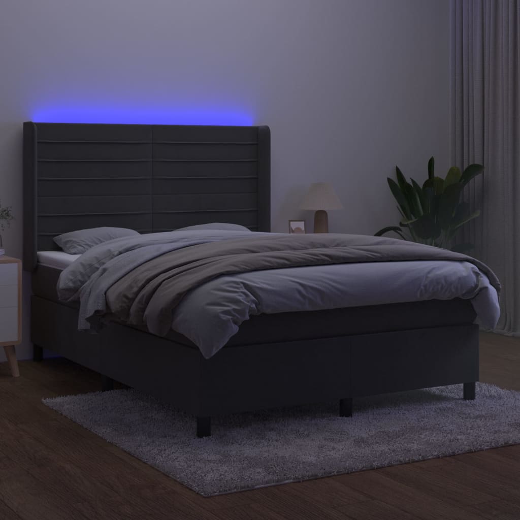 vidaXL Łóżko kontynentalne z materacem i LED, szary aksamit, 140x200cm