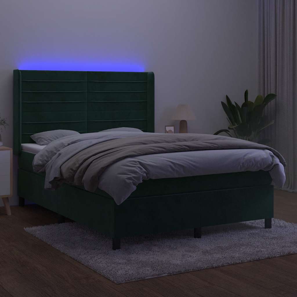vidaXL Łóżko kontynentalne z materacem i LED zielony aksamit 140x200cm