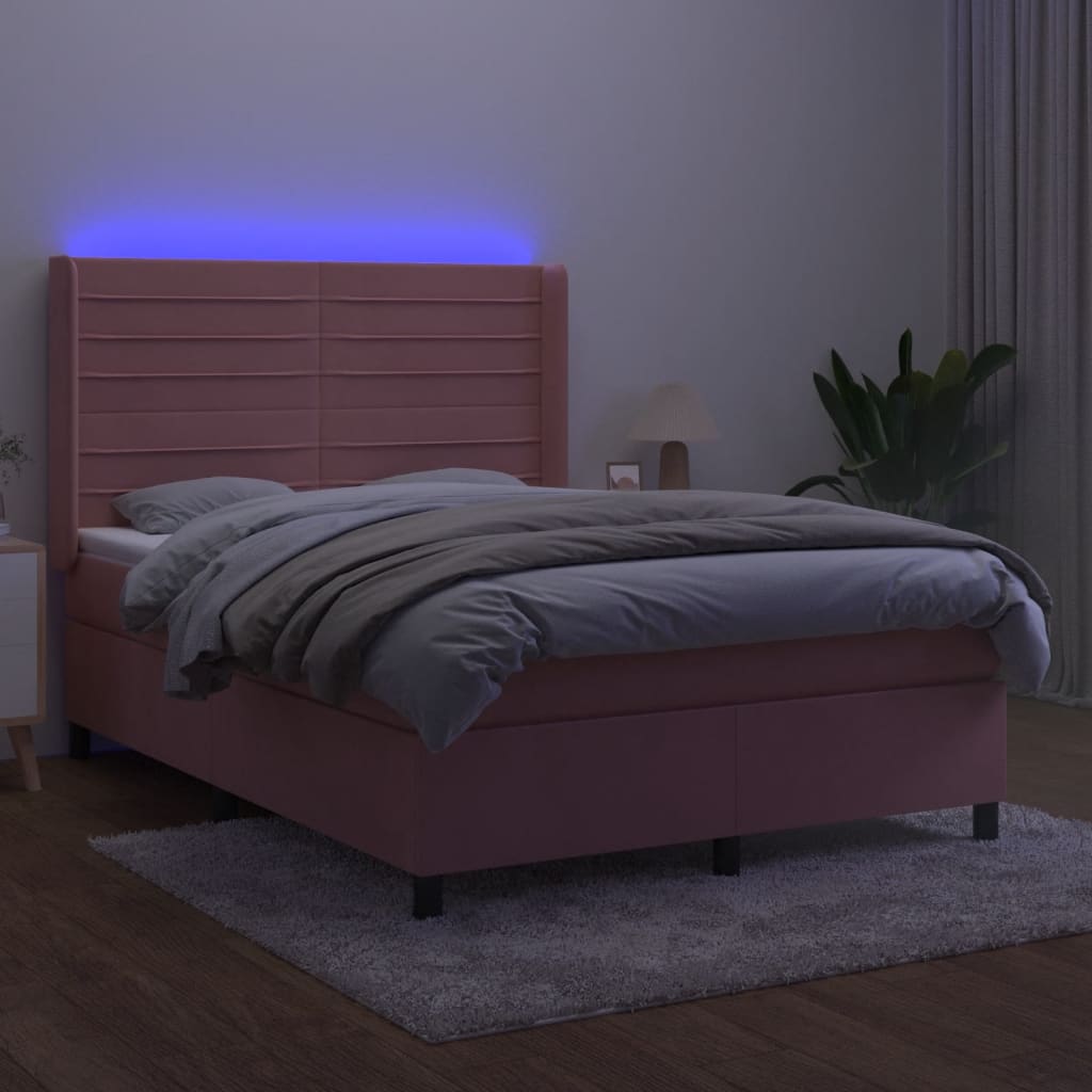 vidaXL Łóżko kontynentalne z materacem i LED, różowy aksamit 140x200cm